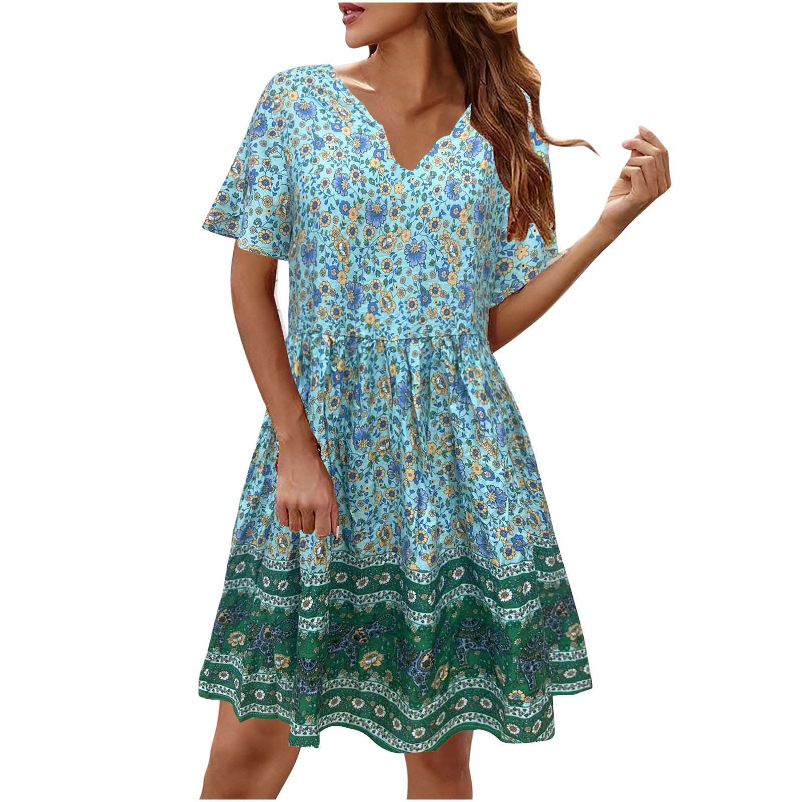 Women's Floral Summer Dress 2023 Ruffle Hem Flowy Boho Mini Dresses Puff Sleeve Casual Loose