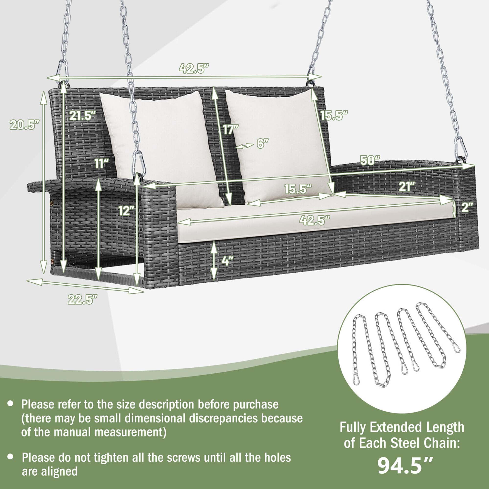 Gymax Fashion 2-Person Patio Hanging Porch Swing Rattan 800LBS Swing Bench w/ Off White Cushions