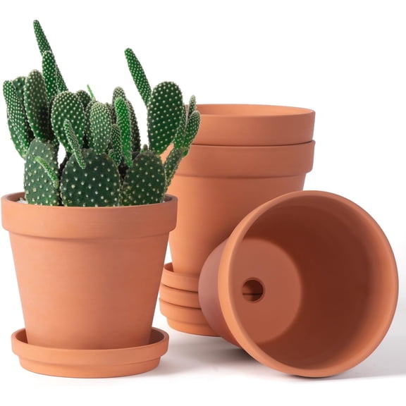 6 inch Terracotta & Clay Pots for Plants with Saucer, Medium Terra Cotta Plant Drainage Hole, Flowerpot Tray, Pot Indoor Outdoor - Pack of 4 Planters