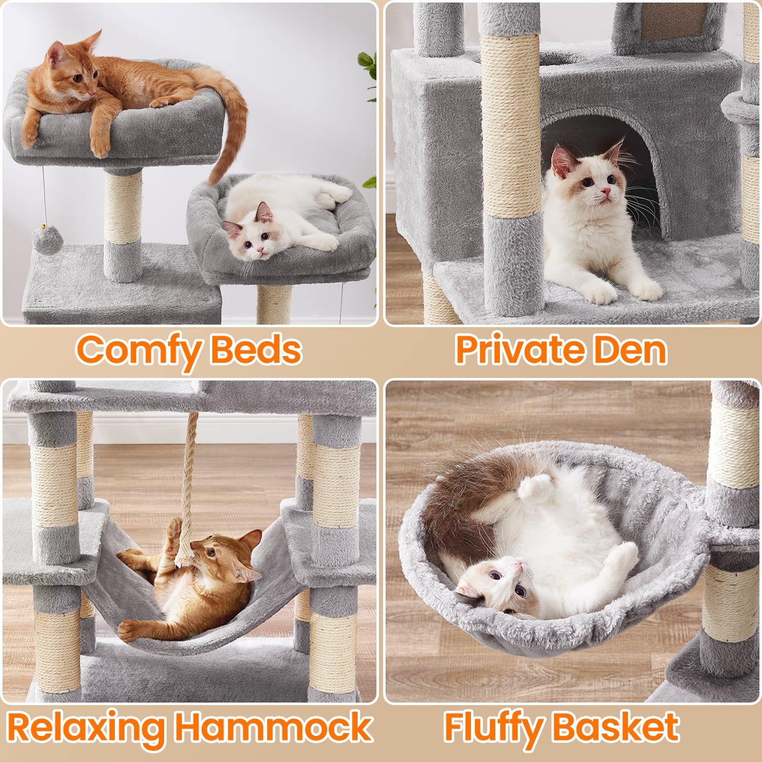 LEDREM 66.1-Inch Multi-Level Cat Tree with 2 Perches, 2 Caves, Hammock & 13 Scratching Posts – Plush Climbing Tower for Indoor Cats, Light Gray