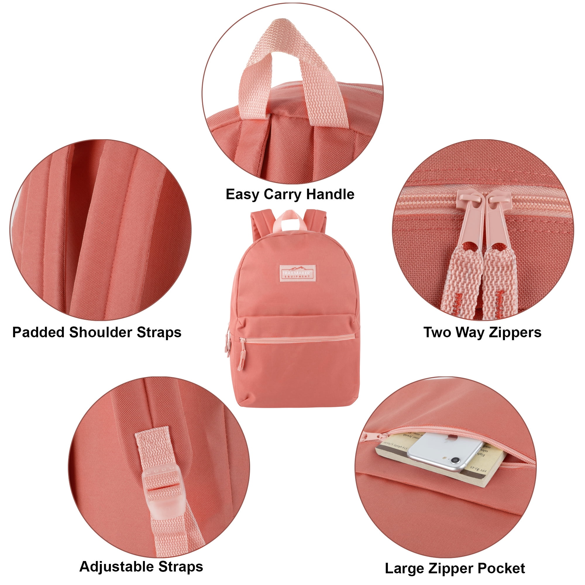 Classic Solid Color 17 Inch Backpack with Front Zipper Accessory Pocket, Dual Zipper Closure & Padded Shoulder Straps for Work, Office, Gym, Sports, Travel, Commute & Recreation in Coral