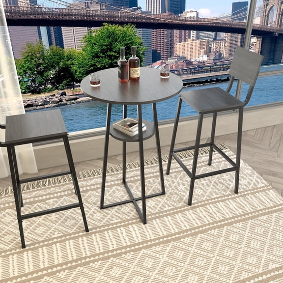 HOQBN 3 Piece Bar Table Set,Round Pub Height Bistro Table with 2 Bar Stools and Storage Shelf, Industrial Counter Height Dining Set for Kitchen, Apartment, Balcony & Cafe,Charcoal grey