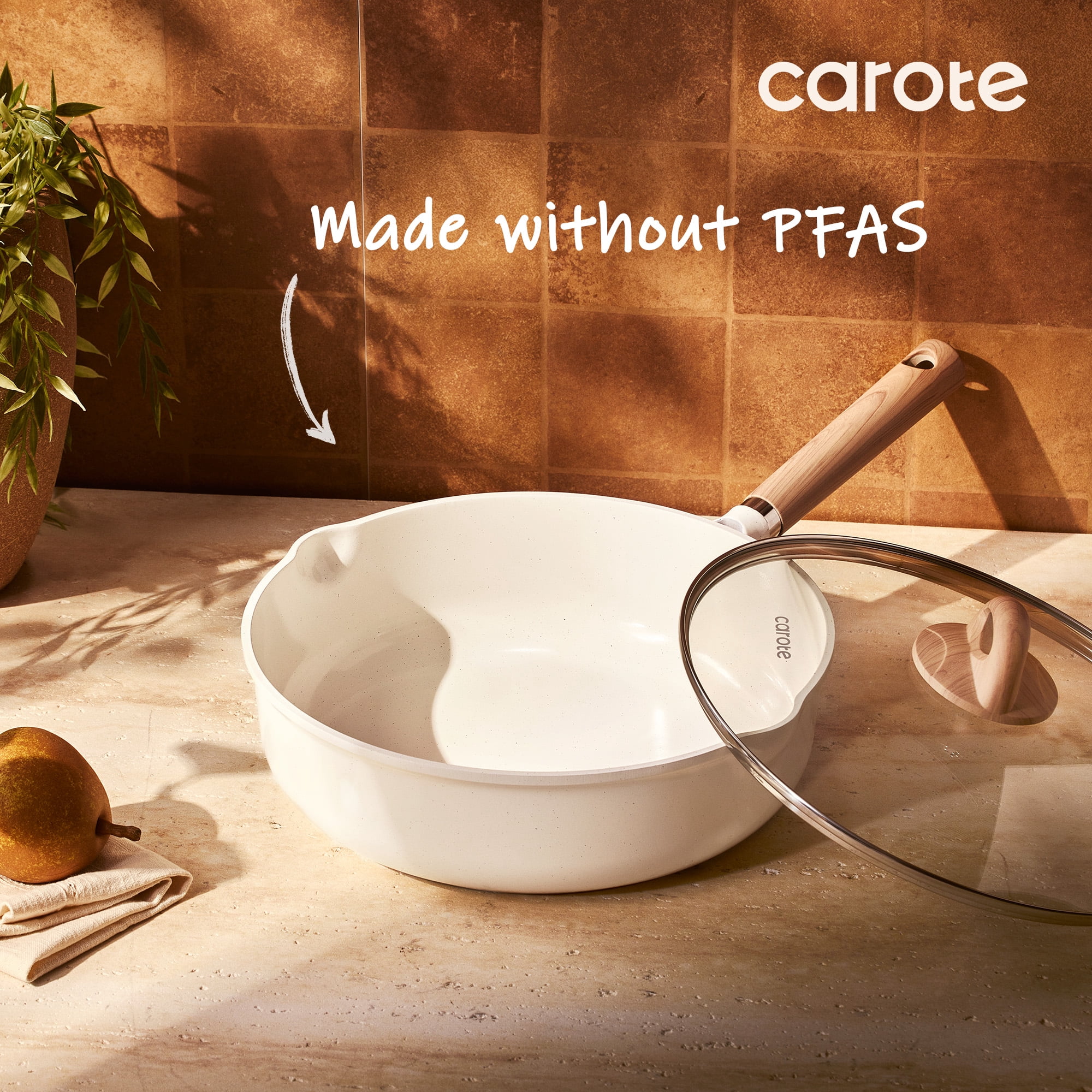 Carote 11" Ceramic Nonstick Saute Pan with Lid Cover Non-Stick Deep Frypan With Induction, Bon Appetit, White Granite, 5QT