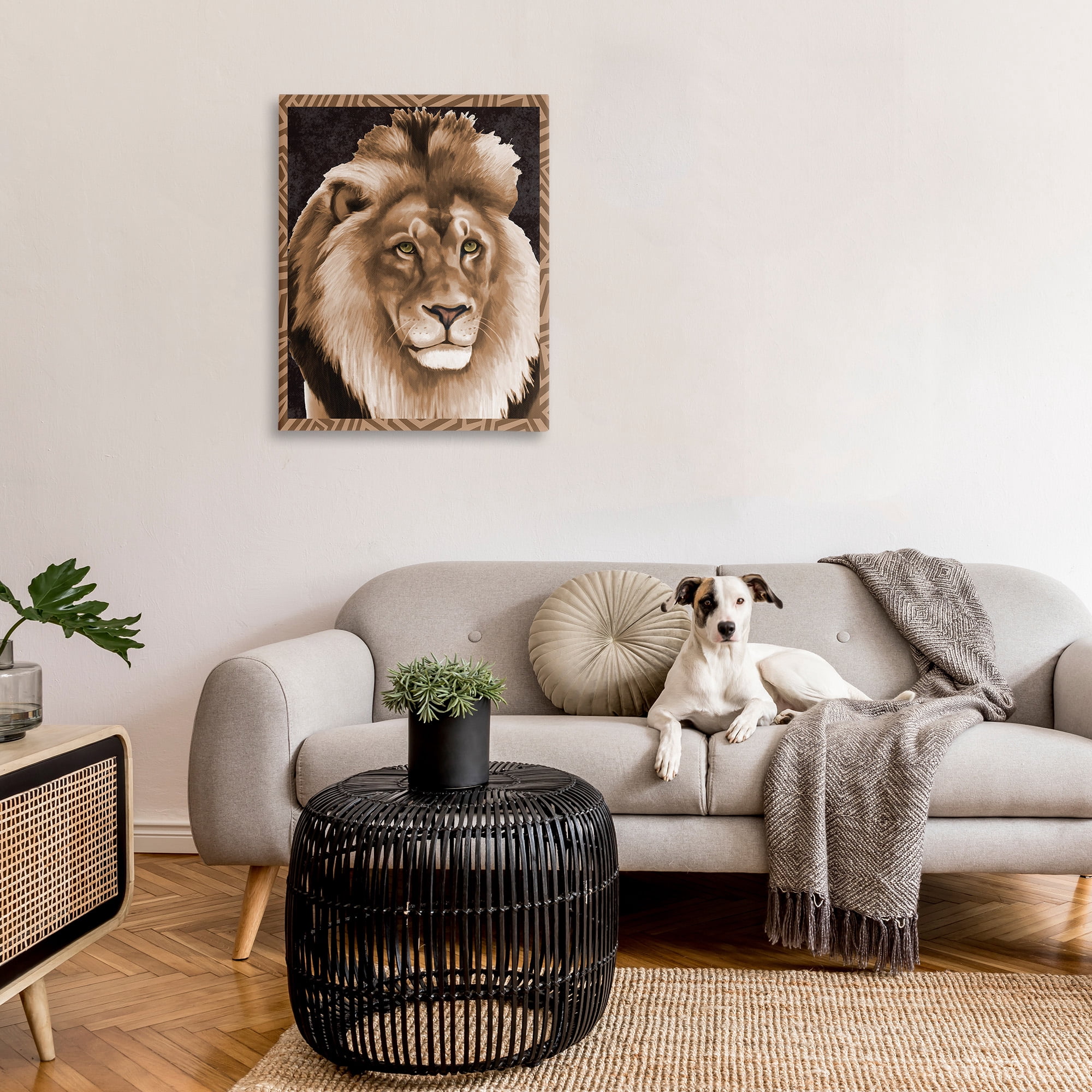 Stupell Industries Lion with Geometric Border Animals & Insects Painting Gallery Wrapped Canvas Art Print Wall Art, 30 x 40