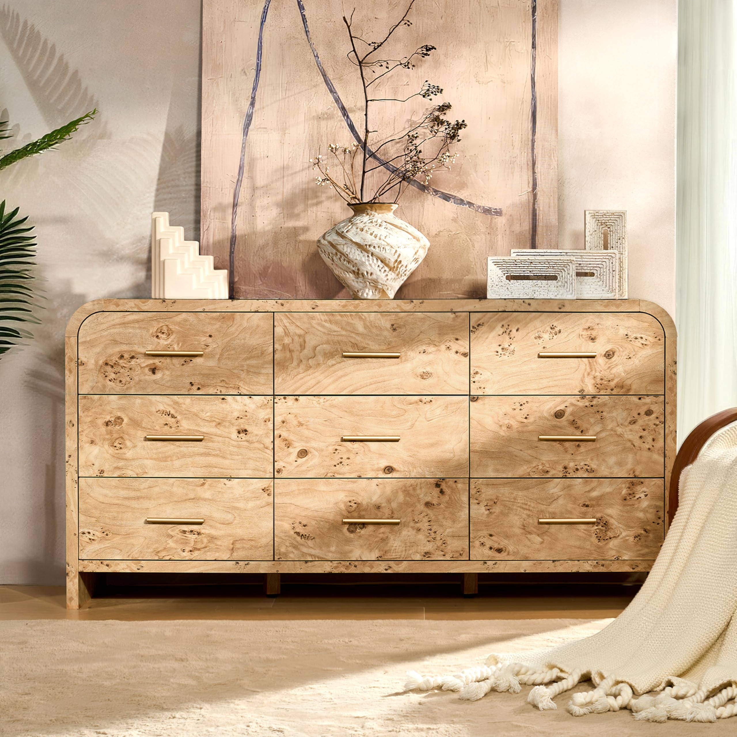 Vintagearth 9 Drawers Dresser for Bedroom, Curved FSC-certified Wood 1.18" Thick Board Dressers & Chests of Drawers for  Living Room, Hallway, Entryway, Light Burl