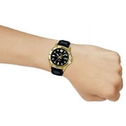 Mens Analog Black Steel Dial and Gold Ion Plated Case Leather Black Band Water Resistant Watch MTP-VD01GL-1EVUDF