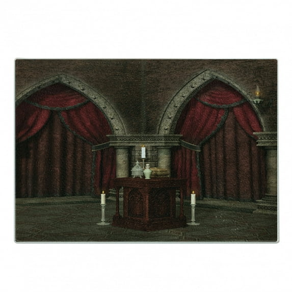 Gothic Cutting Board, Mysterious Dark Room in Castle Pillars Candles Atmosphere Pattern, Decorative Tempered Glass Cutting and Serving Board, Small Size, Black and Red, by Ambesonne