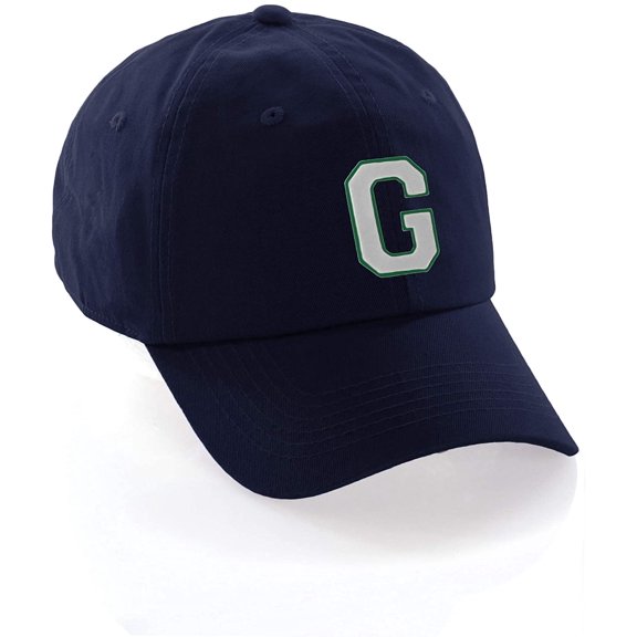 Customized Letter Intial Baseball Hat A to Z Team Colors, Navy Cap Green White Letter G