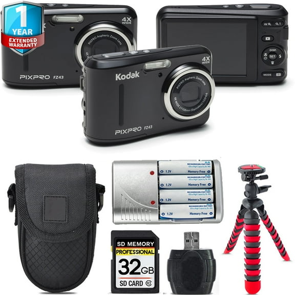 Kodak PIXPRO FZ43 Digital Camera (Black)   1 Yr Warranty  Tripod   Case -32GB Kit (International Version)