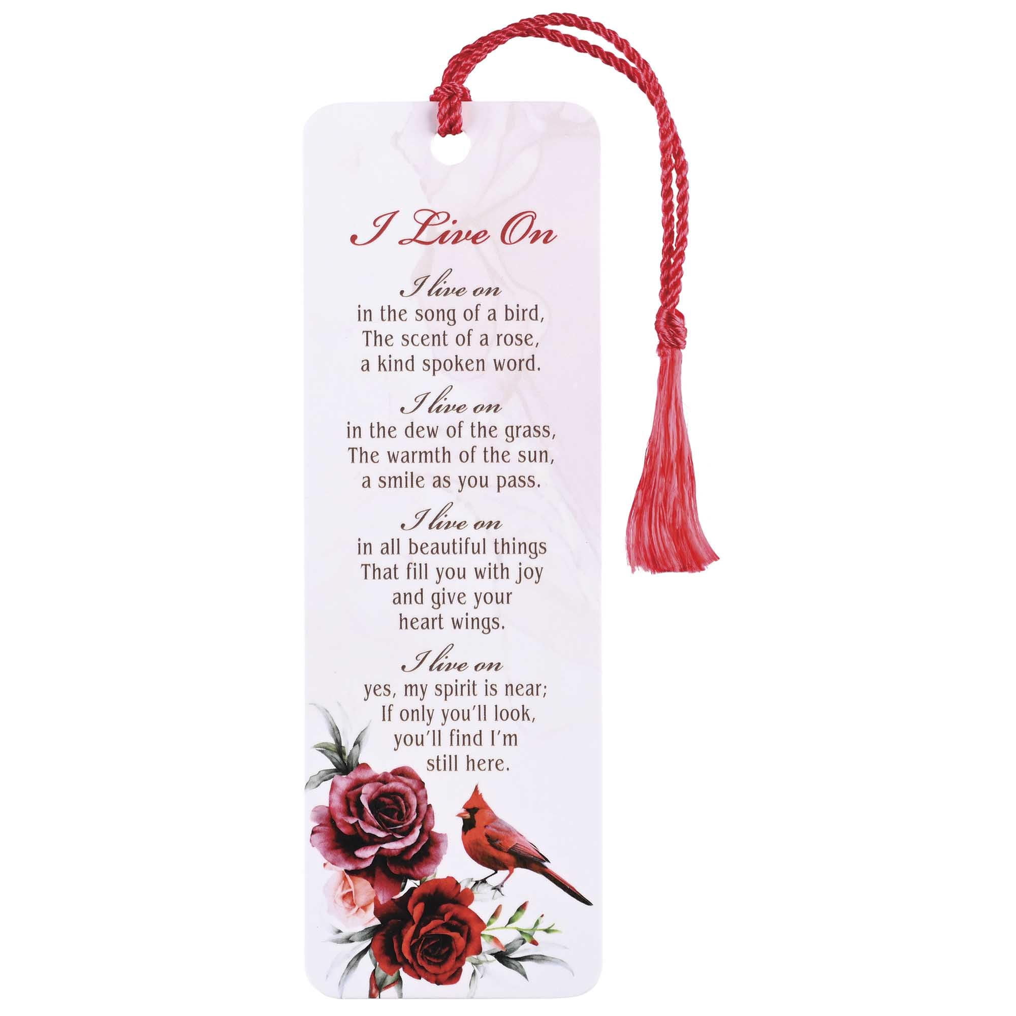 Dicksons Cardinal Roses - I Live On, White/Red 6 x 2 Inch Laminated Cardstock Tassel Bookmark; Pack of 12