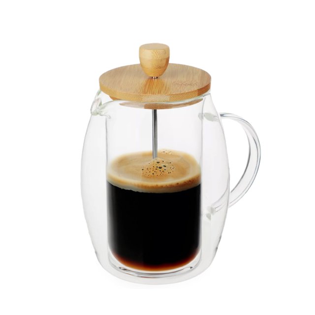JS Gourmet - Double Wall Glass French Press Coffee Maker, Bamboo Lid, 600ml Capacity