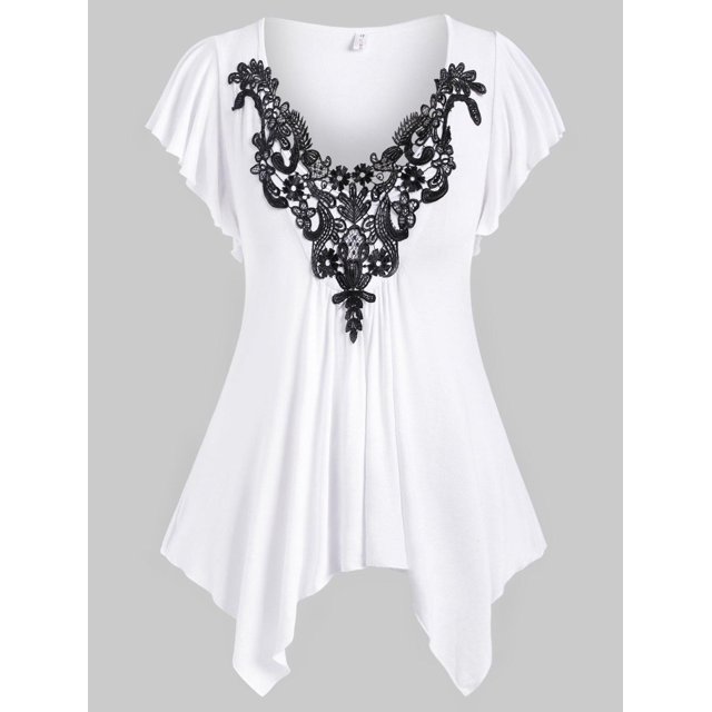 Plus Ver en contraste aleteo pañuelo de encaje de manga Hem camiseta Rosegal Camisetas tallas grandes