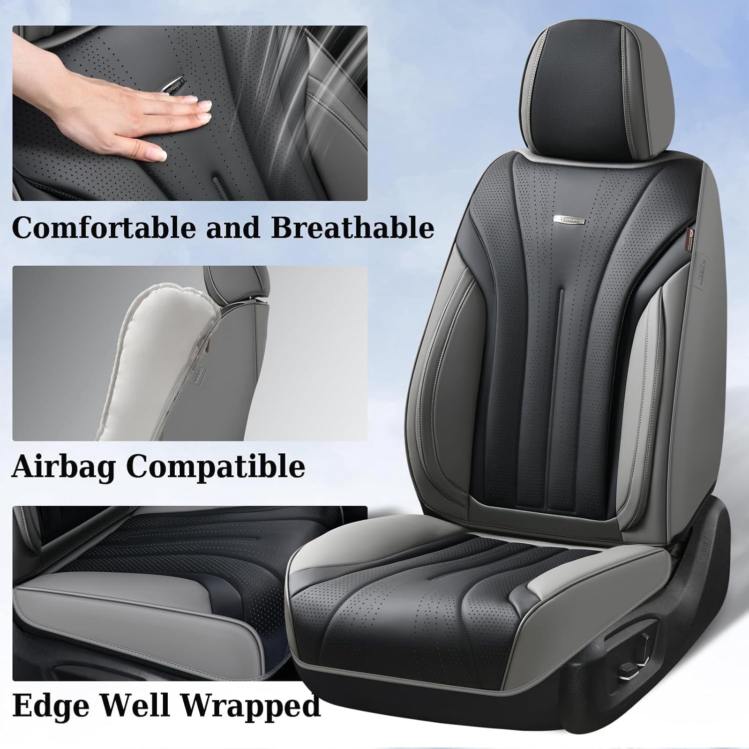 Coverado Full Set Car Seat Covers, Waterproof Faux Leather Front and Rear Seat Protector, Breathable Seat Cushions Universal Fit for Most Cars, Black&Gray