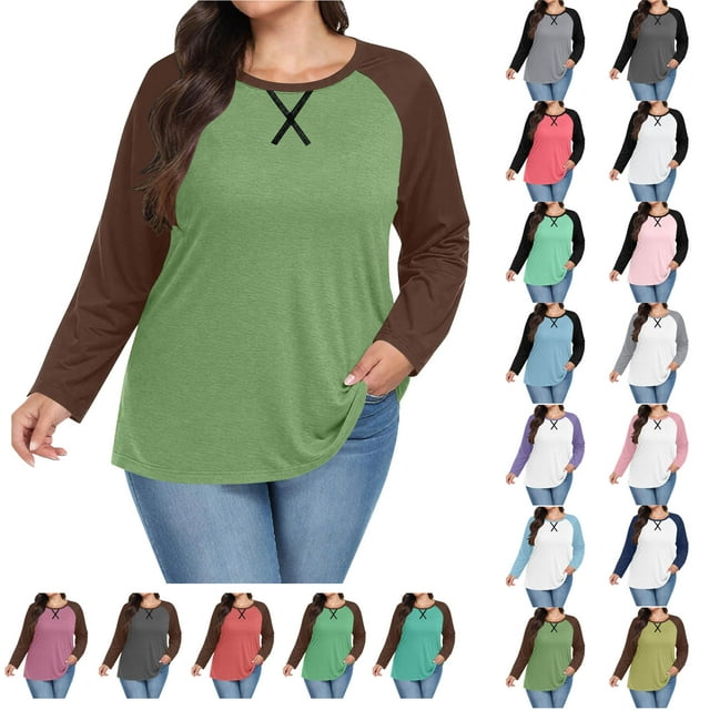 Womens Long Sleeve Shirts Loose Fitted Crewneck Basic Tops Women's Casual Chest Print Solid Color Round Neck Pullover Loose Long Sleeved Raglan Top Plus Size Gift for Adults Mint Green XXXL