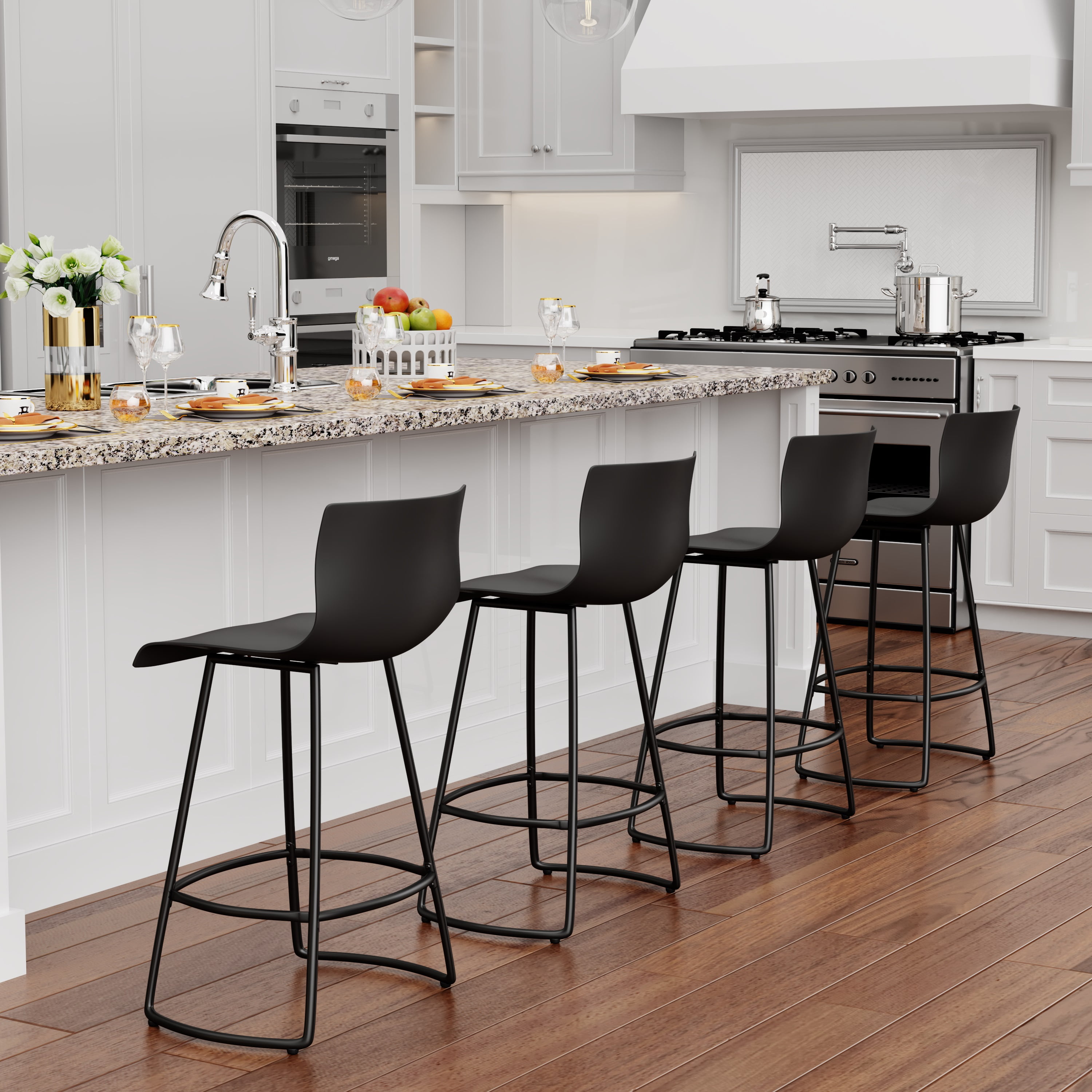 Swivel Bar Stools with Backs Plastic Counter Height Stools Set of 4 Black Bar Stools