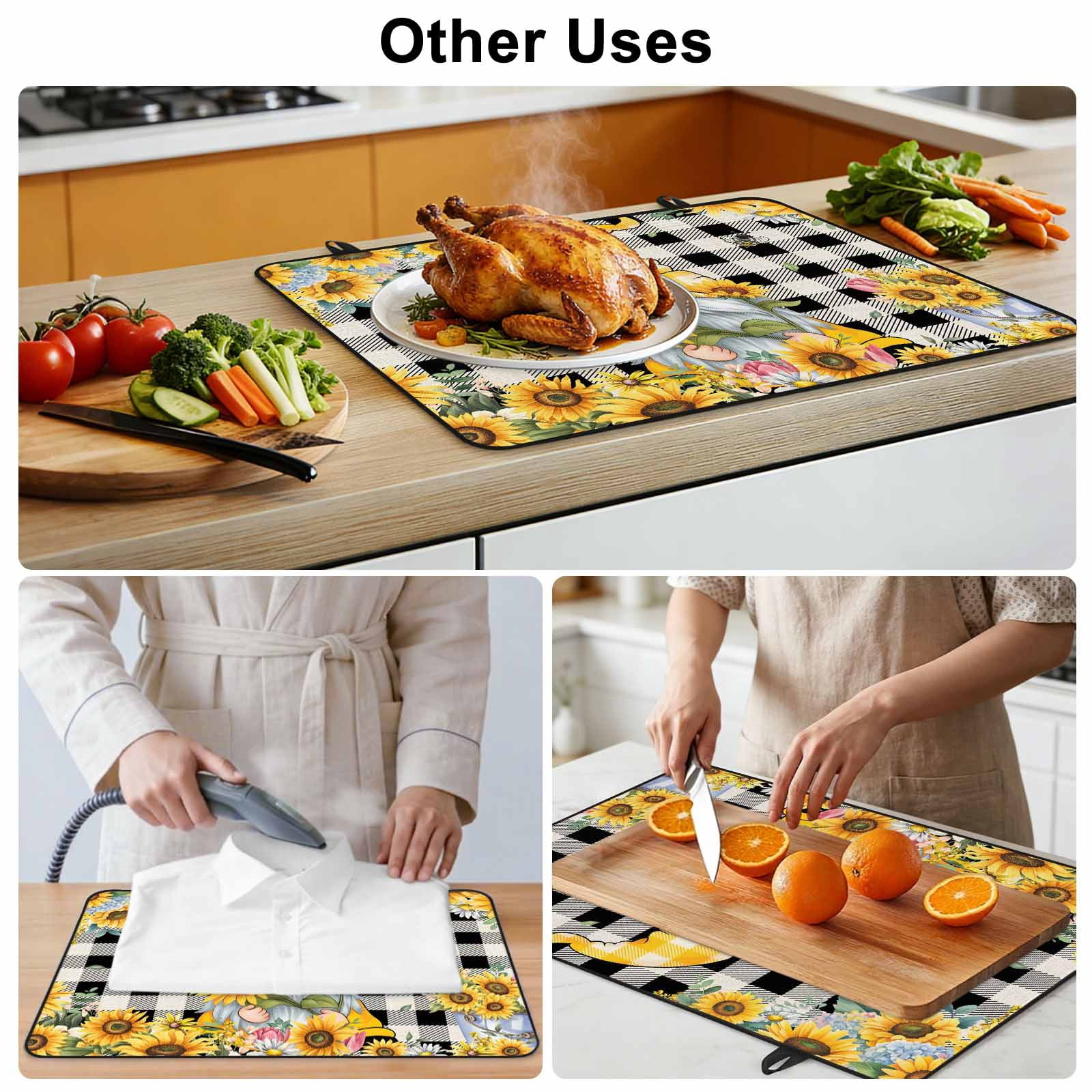 Gnomes Plaid Stove Top Cover for Electric Stove, Heat-proof & Non Slip Glass Top Stove Cover Protector, Yellow Sunflower Farmhouse Bee Black Check Kitchen Flat Cooktop Rubber Mat 31x24 Inches