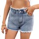 thumbnail image 1 of Pantalones cortos de mezclilla lavados con flecos for mujer, pantalones cortos rectos de talle alto con cremallera de verano, 1 of 7