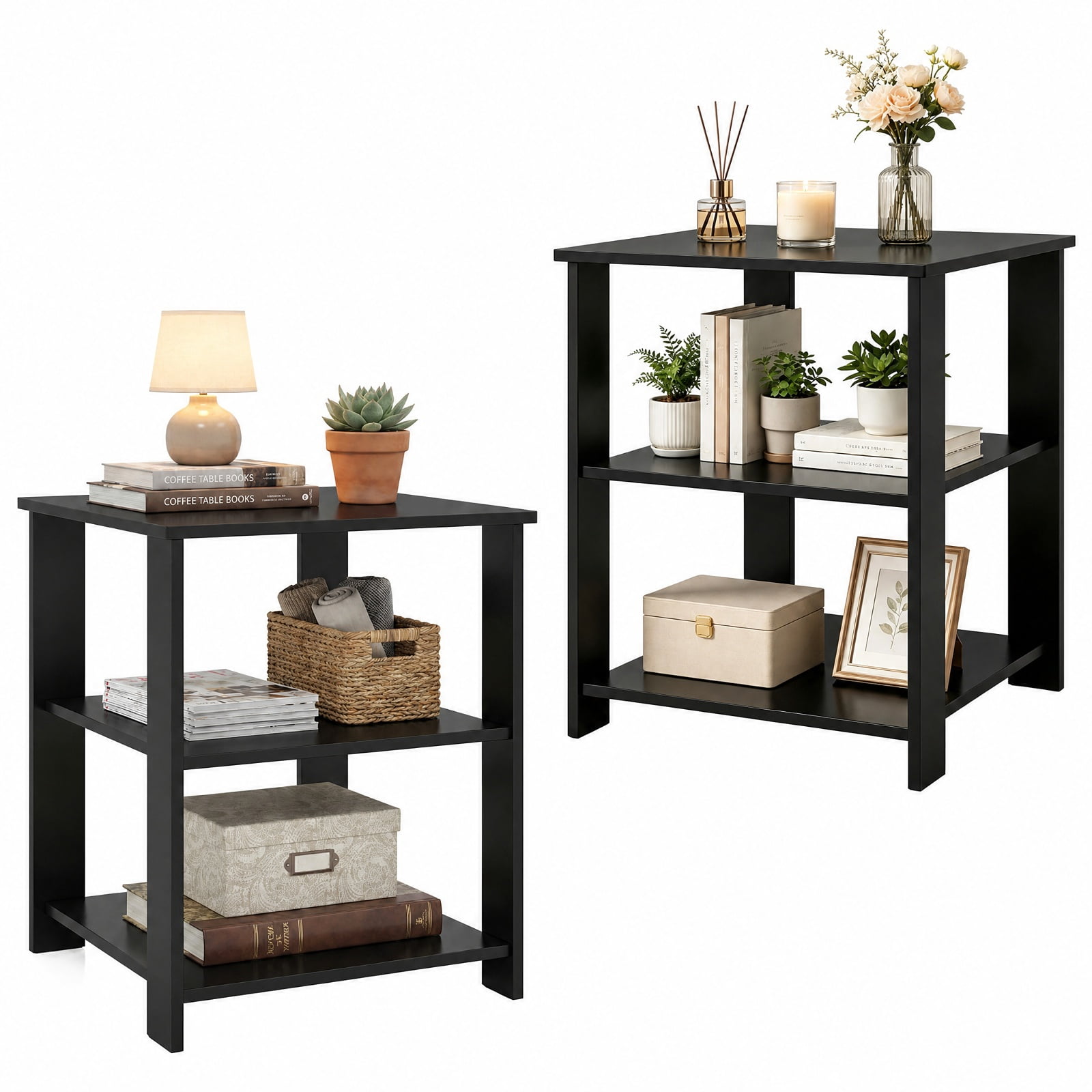 Furnibear 3 Tier Square Nightstands Set of 2 with Open Storage Shelves Bedside Side Tables for Bedroom Living Room, Black