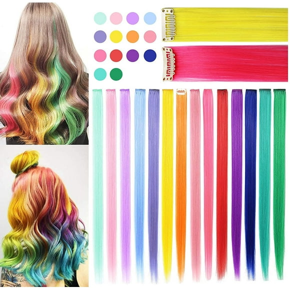 MOSCSMDY Multi-Colors Clip on in Hair Extensions Hair Pieces Colored Party Highlights DIY Hair Accessories Extensions 20 Inches Long Hair for Girls Women