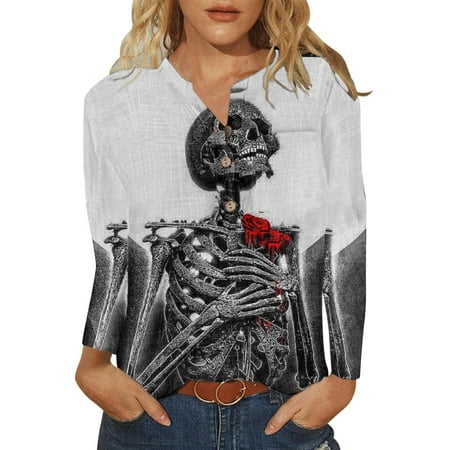 

JDEFEG Cotton Pajama Shirt Women Ladies Casual Spring Autumn Gothic Print Button Up Long Sleeve Shirt Top Organic Cotton Long Sleeve Shirt Women Polyester Grey M