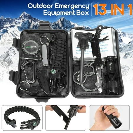 13 in 1 SOS Outdoor Survival Kit Multi-Purpose Emergency Equipment Supplies First Aid Survival Gear Tool Kits Set Package Box for Travel Hiking Camping Biking