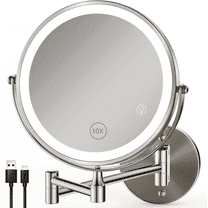 HTSQYL 8-Inch Wall Mounted Makeup Mirror with 1X/10X Magnification, Rechargeable Vanity Mirror with Lights, Bathroom Mirror with Dimmable Brightness, 3 Lighting Modes, Extendable Arm, Nickel