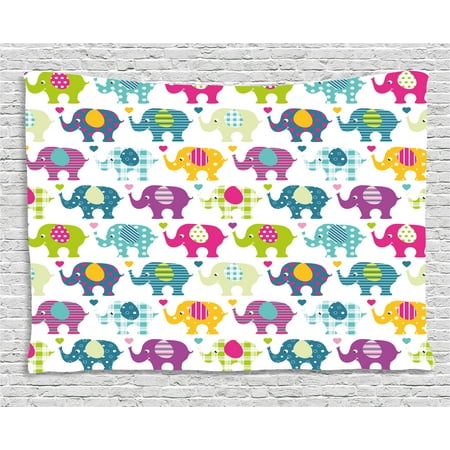 Tartan Heart - Elephant Nursery Decor Tapestry, Colorful Pattern Retro Plaid Tartan Polka Dots Hearts and Stripes, Wall Hanging for Bedroom Living Room Dorm Decor, 80W X 60L Inches, Multicolor, by Ambesonne