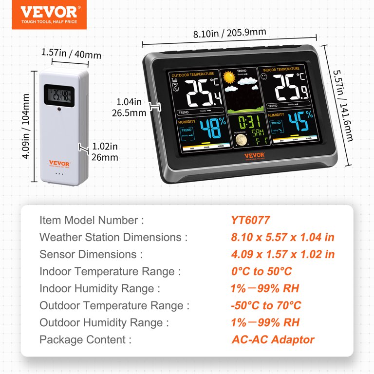 VEVOR 7-in-1 Wireless Weather Station 7.5 in Large Color Display Digital Home Weather Station Indoor Outdoor for Temperature Humidity Wind