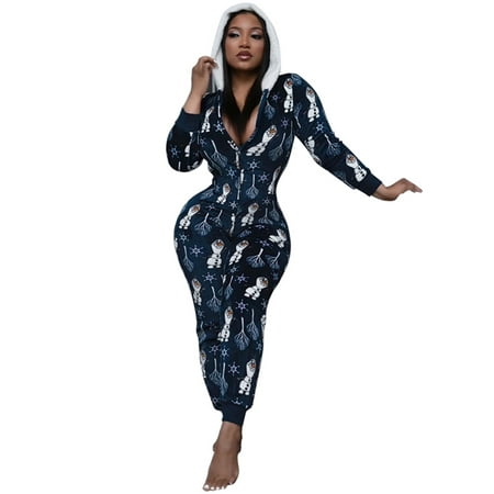 

Sunisery Women Christmas Long Sleeve Jumpsuit Cartoon Print V-neck Zipper One-piece Pajamas Xmas Slim Hooded Homewear