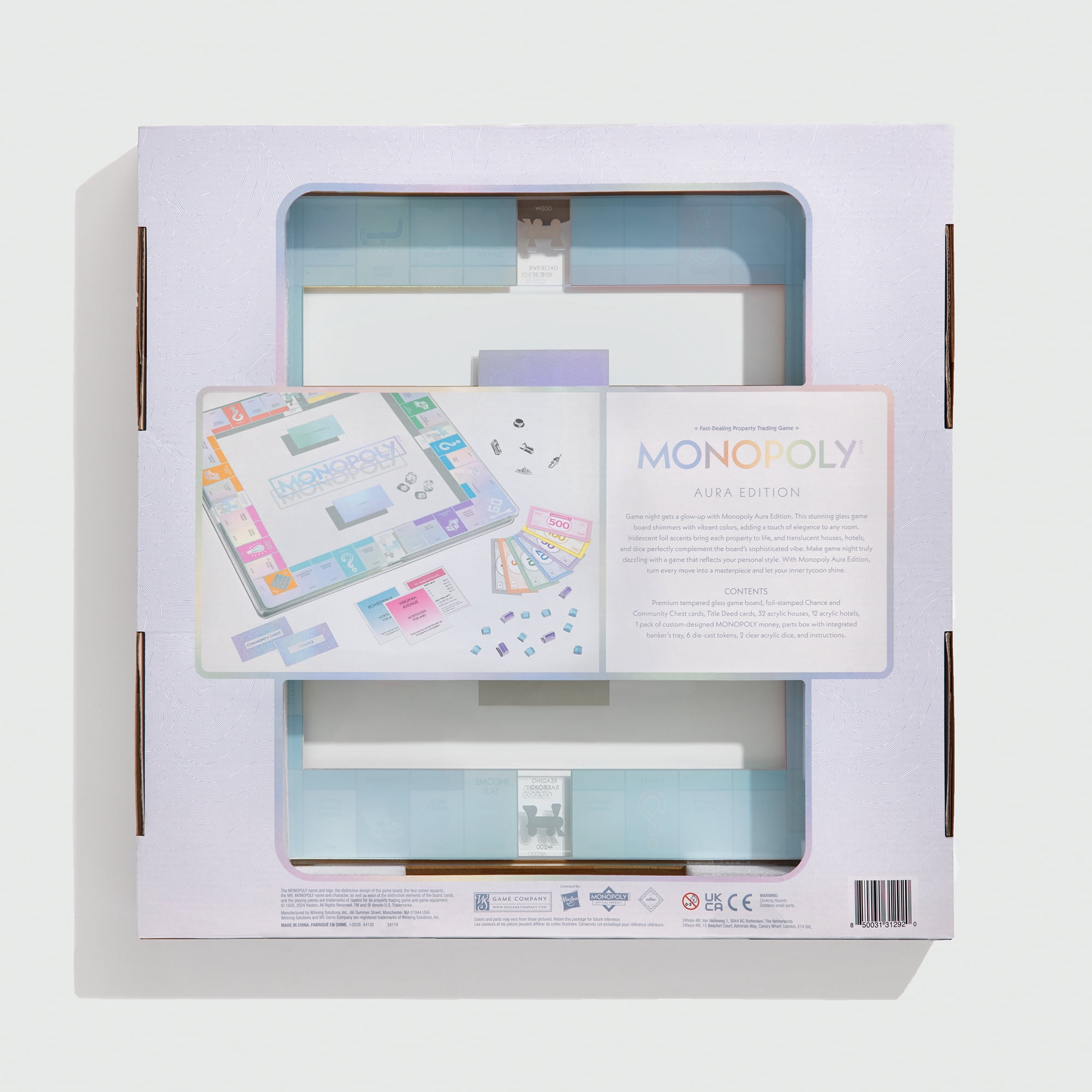 WS Game Company Monopoly Aura Edition – Premium Iridescent Tempered Glass Game Board, Crystal-Clear Houses & Hotels, Metallic Tokens, Luxe Storage Tray – Family Classic for 2–6 Players, Ages 8+