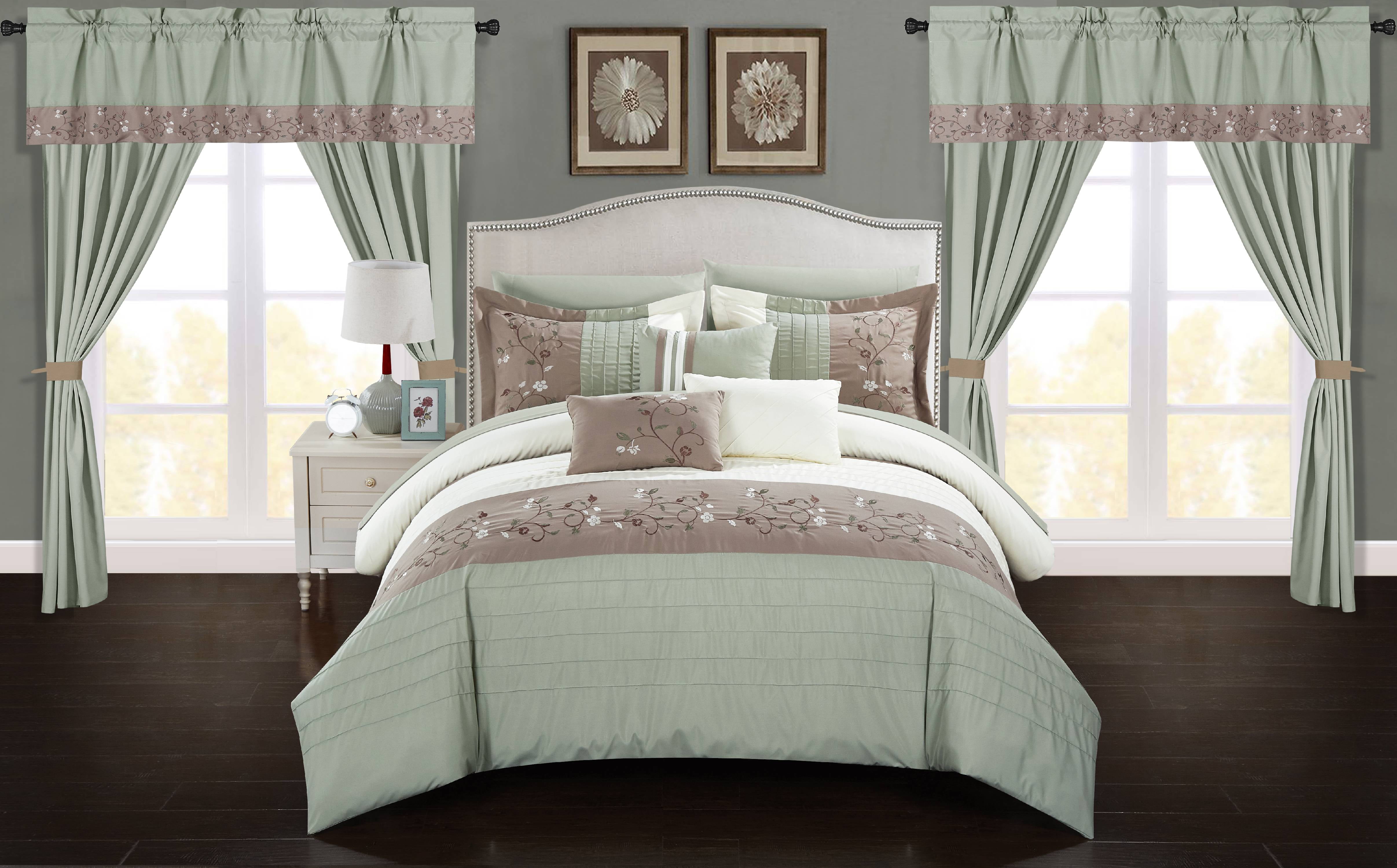 Chic Home Sonjae 20Piece Floral Color Block Comforter Set, Queen, Sage