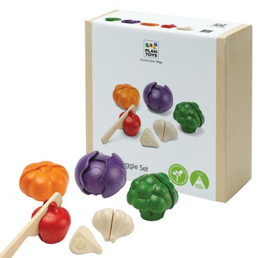 PlanToys® Wooden 5 Colors Veggie Set with Knife|Pretend Play Food Broccoli, Bell Pepper, Pumpkin, Garlic and Red Cabbage | Montessori Toy for Imaginative Play | Eco Friendly Kitchen Set