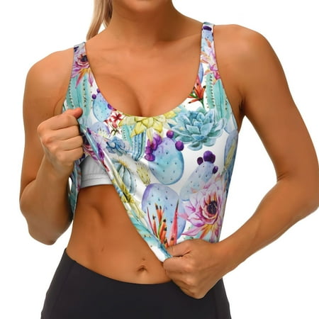 Qokaie Cactus1 Pattern Womens Scoop Neck Sports Bra Breathable Workout Vest Padded U Back Medium Impact Fitness Gym Yoga Bra Workout Crop Top