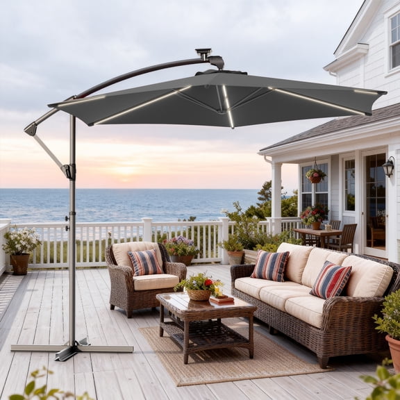 ACEGOSES 10FT Outdoor Patio Hanging Offset Cantilever Umbrella with Solar LED Lights, Cantilever Umbrella with Cross Base, Anthracite