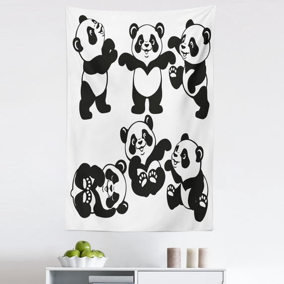 Cartoon Tapestry, Playful Panda Bear in Monochrome Style Happy Young Zoo Animal, Fabric Wall Hanging Decor for Bedroom Living Room Dorm, 5 Sizes, White Charcoal Grey, by Ambesonne