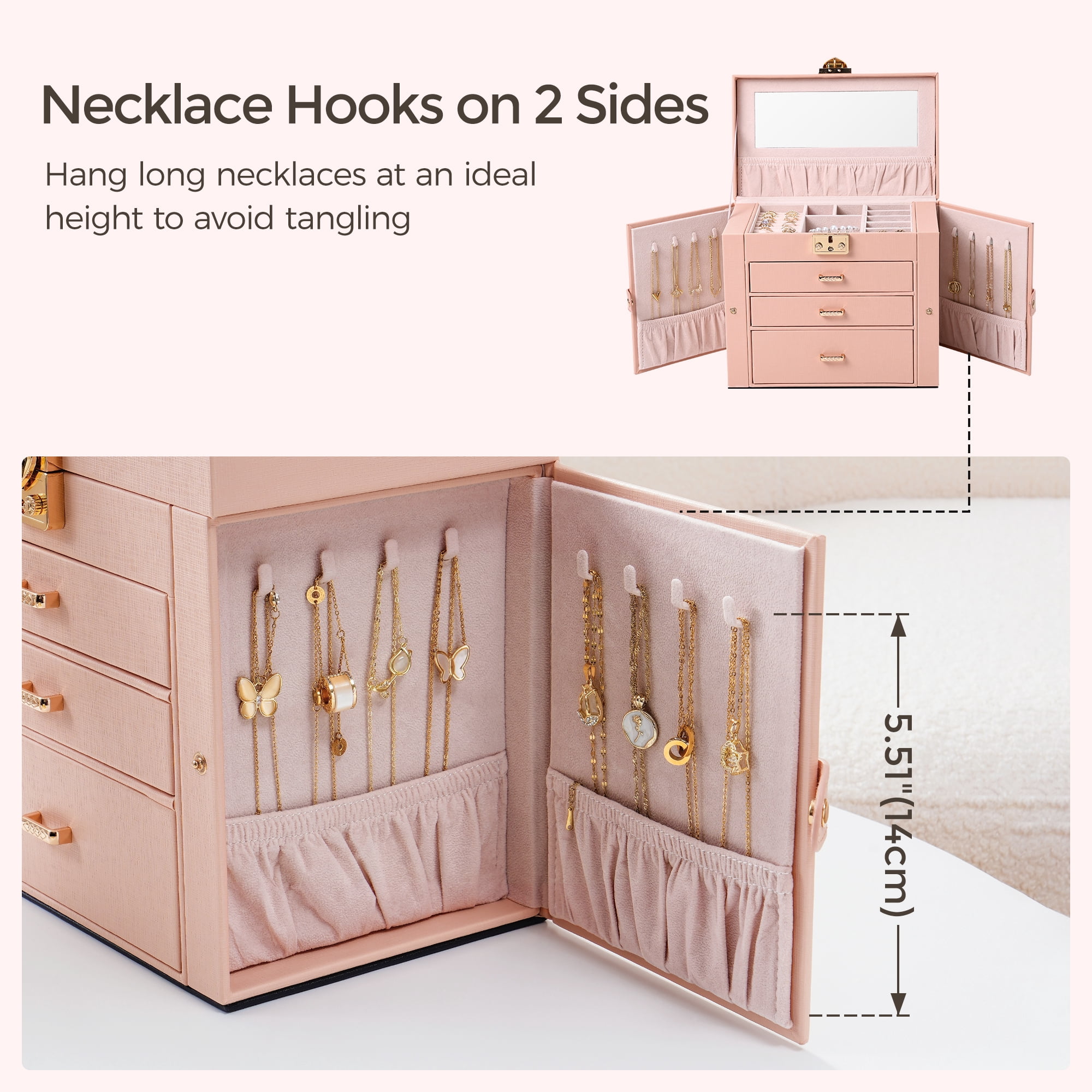 Casegrace 4-Tier Huge Jewelry Organizer with Small Jewelry Case, Built-in Large Mirror Case, 2 Side-door Necklace Display Holder, 3 Drawers Storage Jewelry Box for Earrings, Rings, Bracelets, Watches