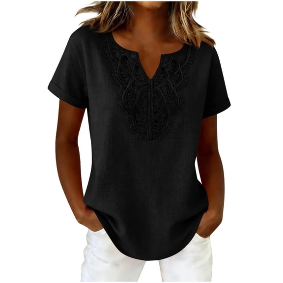 QNANSPI Short Sleeve Shirts for Women, Womens Casual Blouses, Women's Solid Color V Neck Short Sleeve Casual Blouse Eyelet Detail Daily Top for Women