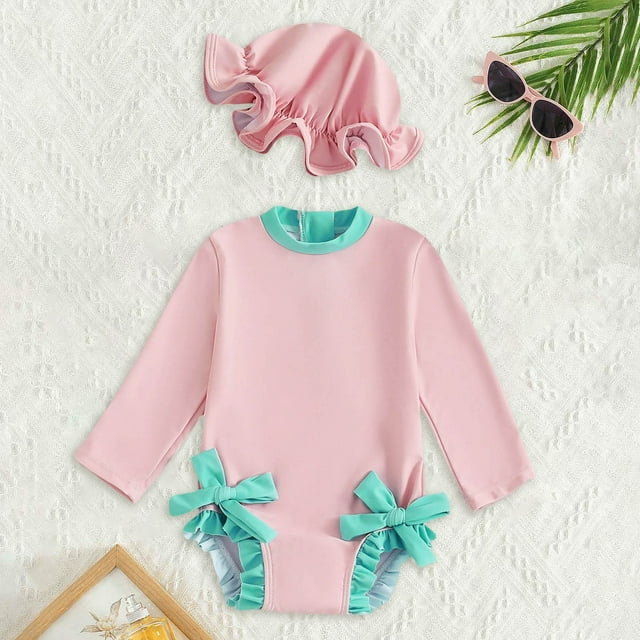 Toddler Girls Rash Guard Swimwear Hawaiian Ruffle Long Sleeve Sun Protection Toddler Bathing Suit 18-24 Months Girls Clothing