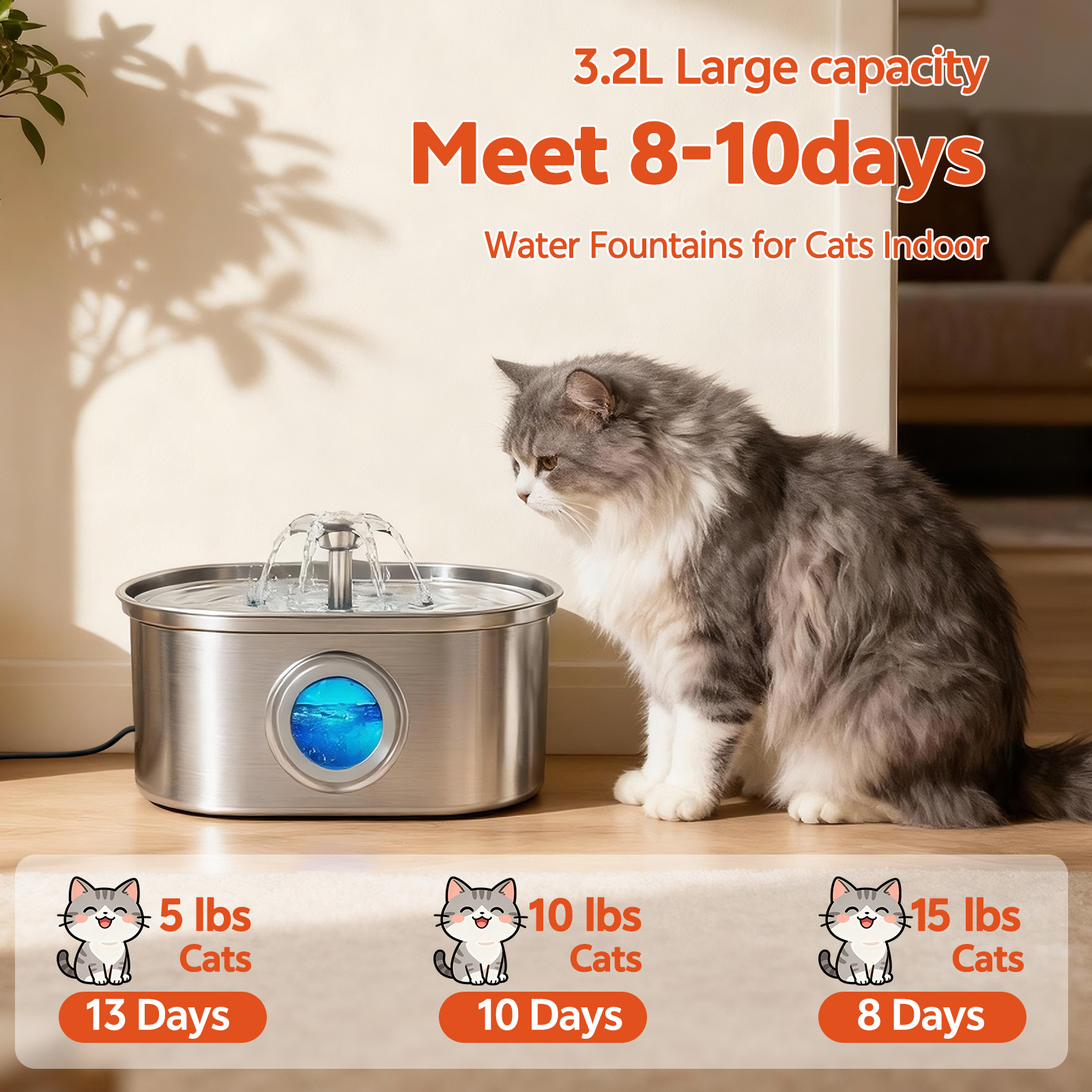 YUWENUS Stainless Steel Cat Water Fountain, 108oz, Silver photo 5