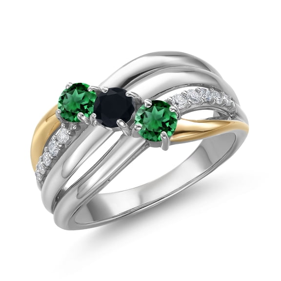 Gem Stone King 925 Silver and 10K Yellow Gold Green Nano Emerald and Black Onyx and Lab Grown Diamond Engagement Ring for Women | 0.97 Cttw | Round 4MM | May Birthstone | Size 9