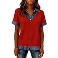 thumbnail image 3 of Denim Shirt Women Short Sleeve Denim Top, Collared V Neck Buttons Decor Dressy Casual Blouses Red M, 3 of 5