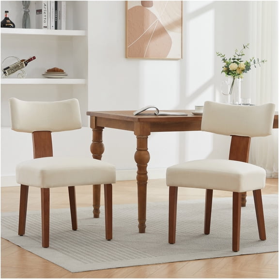 JERFIT Modern Linen Upholstered Dining Chairs Set of 2, Armless Curved Wingback Side Chairs with Solid Wood Legs for Kitchen, Dining Room, Beige