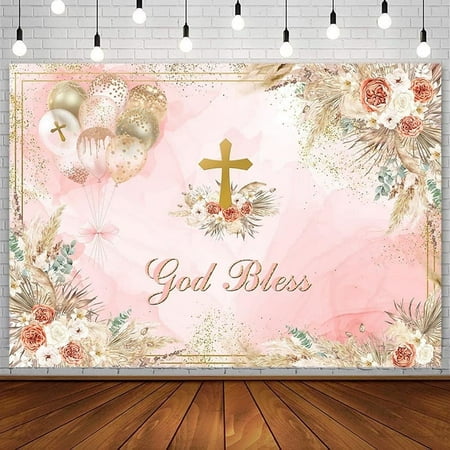 Boho God Bless Baptism Backdrop for Girls Holy Communion Party Decorations Photography Background Pink Marble Floral Christening Ceremony Newborn Baby Shower Banner Photoshoot Props