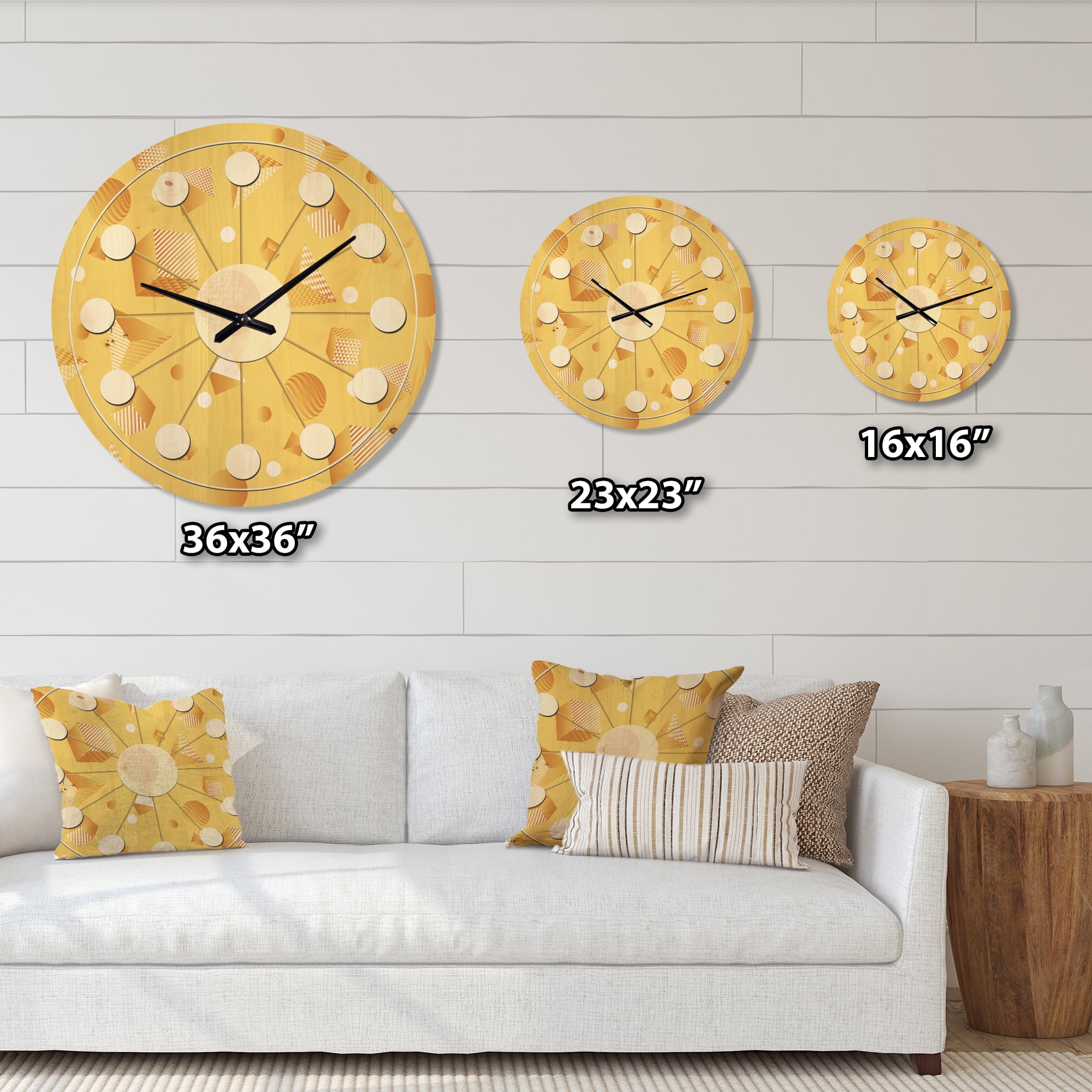 Designart 'Yellow Minimal Geometrical Shapes' Mid-Century Modern Wood Wall Clock
