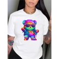 thumbnail image 1 of Colorful Cartoon Bear Graphic T-Shirt for Women - Casual Cotton Knit Fabric, All-Season Round Neck Short Sleeve Top, Elastic Casual Wear for Leisure and Travel, 1 of 6