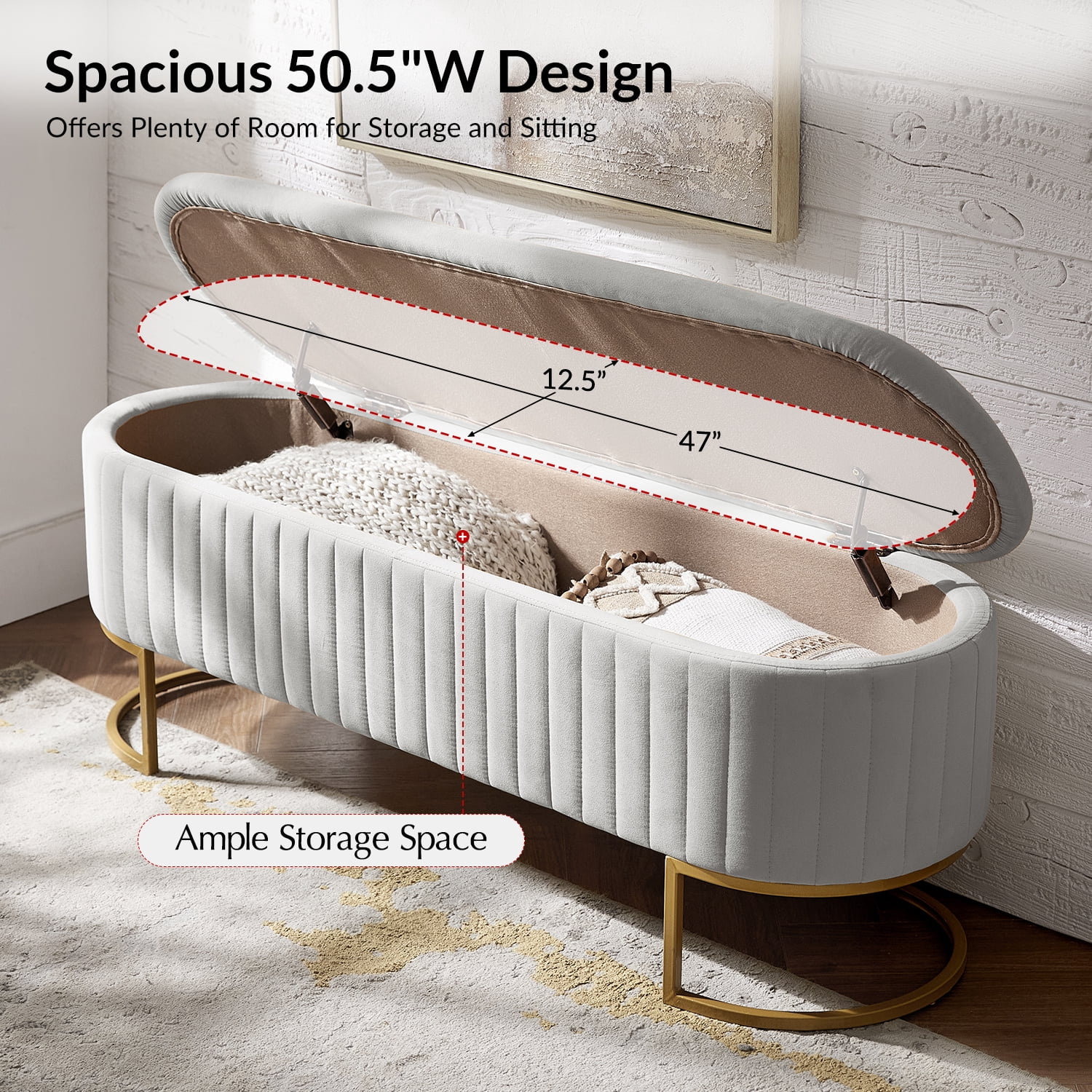 50.5" Upholstered Storage Bench For End of Bed Entryway Bedroom Ottoman Dove