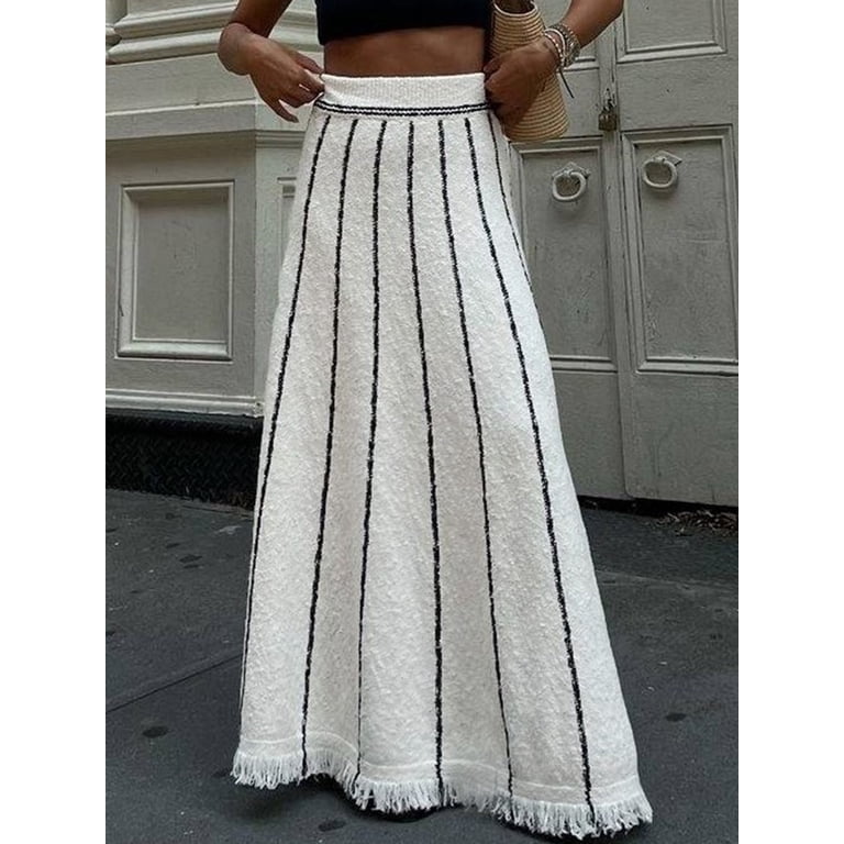 Women Long Skirt Grunge Striped Elastic Waist Knit Skirt 
