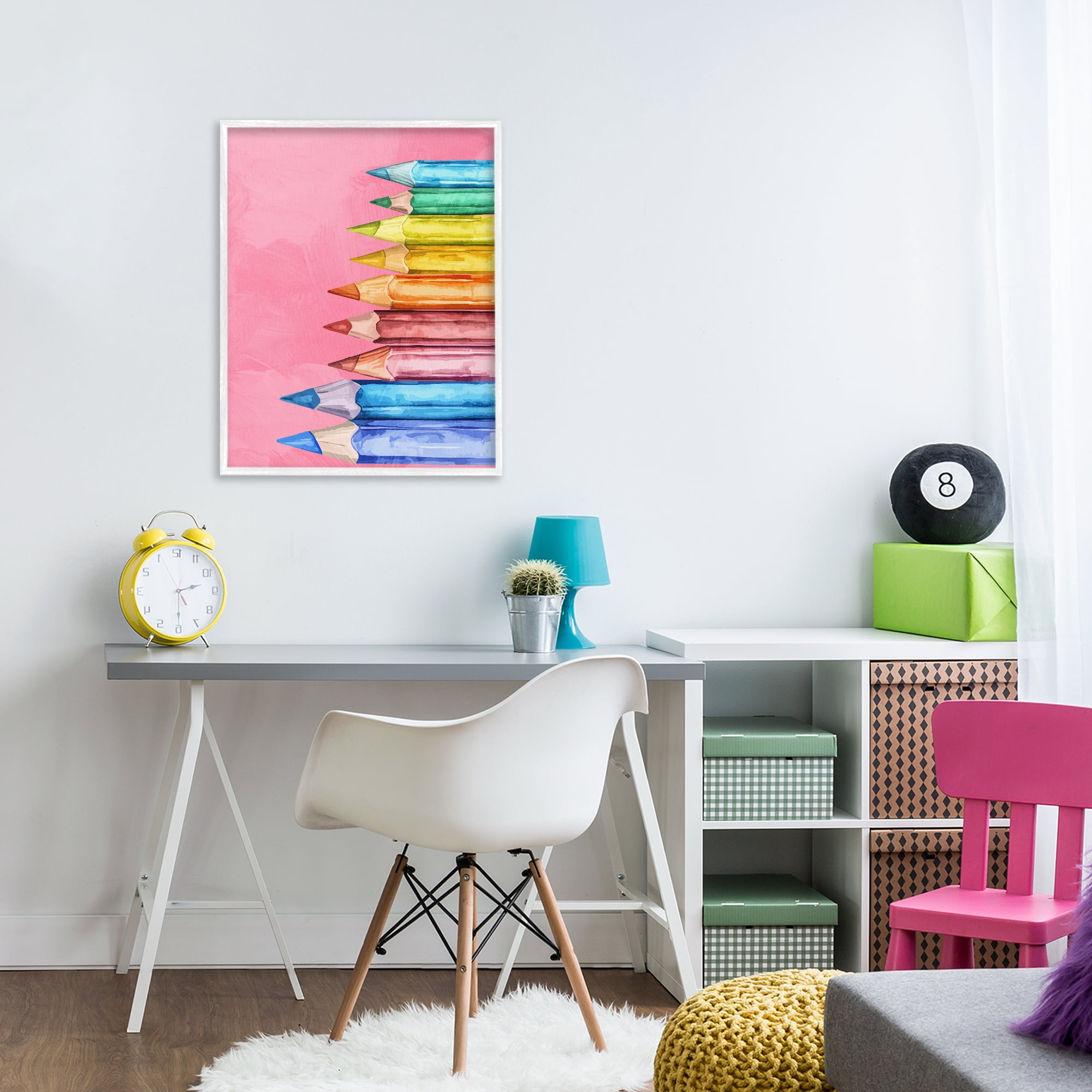 Stupell Industries Vibrant Pencils on Pink White Framed Giclee Art, design by Kim Allen