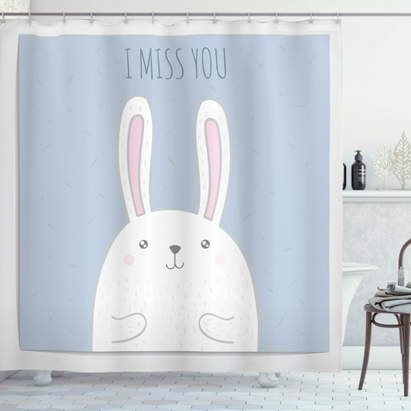 Bunny Shower Curtain, I Miss You Typography with Drawing Love Thematic, Fabric Bathroom Set with Hooks, 69W X 84L Inches Extra Long, White Ceil Blue Blush, by Ambesonne