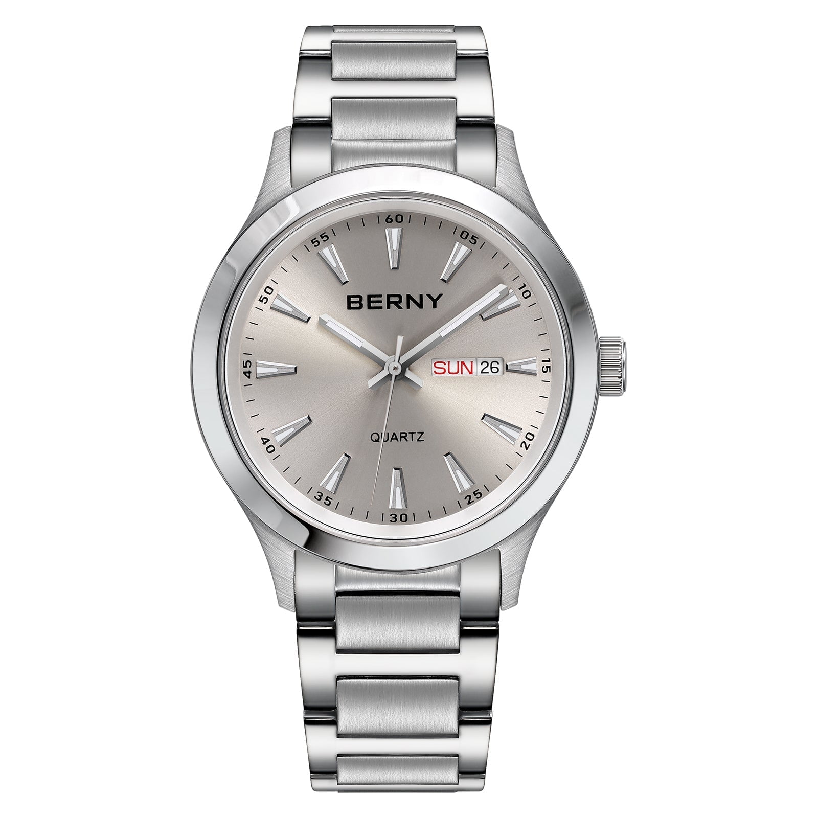 BERNY Quartz Watch for Men, Fashion Sports Wrist Watches with Solid Stainlesss Steel Case & Band, Date & Day Calendar, Casual Waterproof Men's Watches, Gray